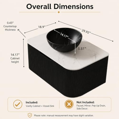 30" Floating Bathroom Vanity with Sink, Wall Mounted Plywood Cabinet, Black Fluted Front, Sintered Stone Countertop, Black Marble-Look Ceramic Bowl Vessel Sink, Soft-Close Drawer, Pre-Assembled - color: Black Cabinet / Black Marble Bowl Sink, size: 30 Inc