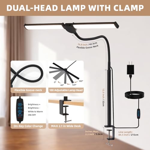 LED Desk Lamp for Home Office, Double Head Desk Light with Clamp | 3 Modes 10 Brightness, Long Flexible Goose-Neck, Eye-Caring, Memory Function, Energy Efficient, USB Adapter, Metal, Black - color: Black Pro