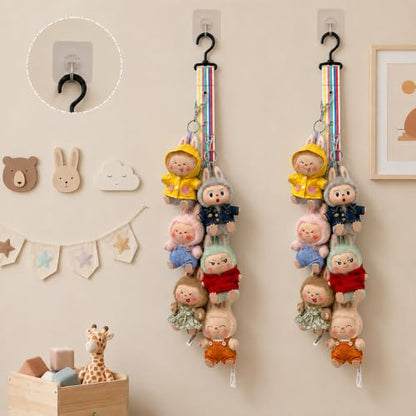 Plush Doll Hanging Storage Rope Display Rack with 8 Clips – Wall Hanging Organizer for Keychain Plushies, Mini Toys– Holds up to 3kg (2 PCS Rainbow 6) - color: 2 PCS Rainbow 6