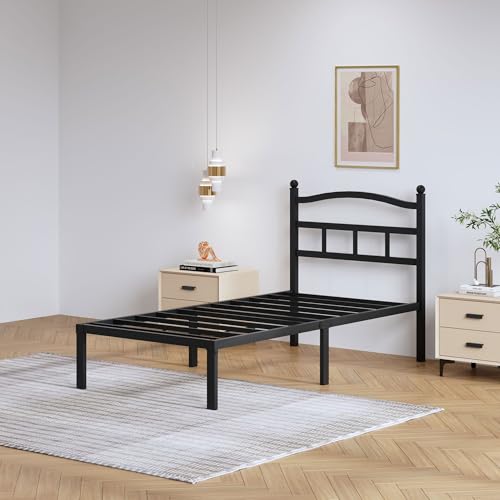 SHOANED 14 Inch Metal Bed Frame - Twin Size Heavy Duty Bedframe with Headboard Black Basic Steel Slats Platform No Box Spring Needed/Easy Assembly/Noise Free - size: Twin, style: 14 Inch with Headboard
