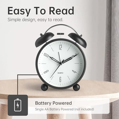 Twin Bell Loud Alarm Analog Alarm Clock, 4 inch Super Silent Non Ticking Small Clock with Night Light, Battery Operated, Simple Design, Old Fashioned, for Heavy Sleeper, Bedroom, Bedside, Desk, Black - color: Black+twin Bell