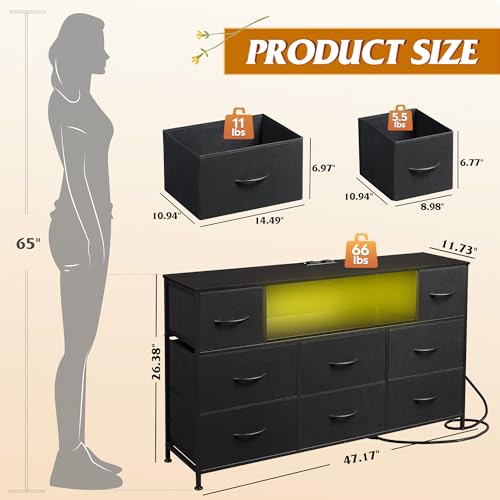 WLIVE LED Dresser TV Stand for 55 Inch TV, 8 Drawers, Black | Fits TVs up to 55 inch, 8 fabric drawers, LED chest of drawers, Built-in power outlet, Living room or bedroom - color: Black