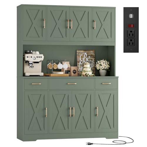 HOSTACK 71" Tall Kitchen Pantry Storage Cabinet, 55" W Kitchen Hutch, Green | Large Pantry Cabinet with Charging Station / Countertop / 3 Drawers, Farmhouse Hutch Cabinet with Storage for Dining Room - color: Green