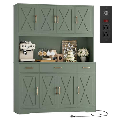 HOSTACK 71" Tall Kitchen Pantry Storage Cabinet, 55" W Kitchen Hutch, Green | Large Pantry Cabinet with Charging Station / Countertop / 3 Drawers, Farmhouse Hutch Cabinet with Storage for Dining Room - color: Green