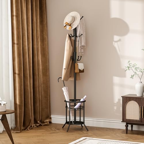 ELYKEN Coat Rack Freestanding, Metal Coat Rack with Umbrella Holder | 12 Hooks, Round Base, Heavy Duty Floor Standing Coat Tree for Entryway, Hallway, Living Room, Bedroom, Office, Black - color: Black