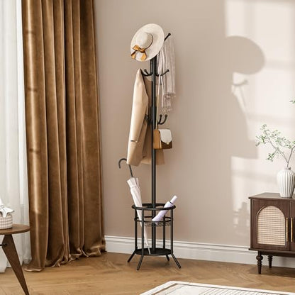 ELYKEN Coat Rack Freestanding, Metal Coat Rack with Umbrella Holder | 12 Hooks, Round Base, Heavy Duty Floor Standing Coat Tree for Entryway, Hallway, Living Room, Bedroom, Office, Black - color: Black