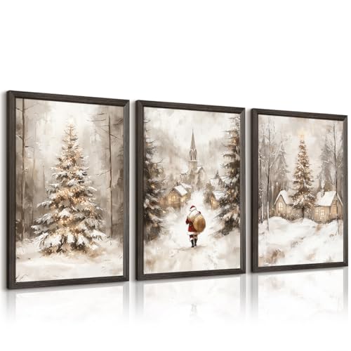 Christmas Wall Art Decor Winter Santa Pictures Vintage Christmas Canvas Poster Snowy Pine Trees Wall Art Xmas Forest Prints Santa Claus Painting Artwork for Bedroom Living Room 12x16x3 Inch Framed - color: Christmas Forest Prints, size: 12x16 Inch Wood Fr