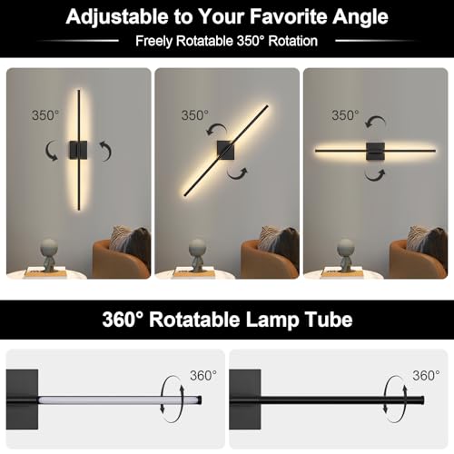 Battery Operated Wall Sconce Set of Two with Remote Control, 3000K-6000K Dimmable Black Wall Lights, Timable LED Wireless Wall Sconces, 350° Ratate for Bathroom, Living Room, Hallway 29.1 Inch - color: Black, size: 29.1in(2 Pack)