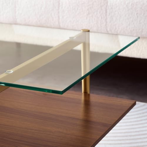 LumFurn Rectangle Coffee Table, Mid-Century Modern Design, L41 W21 x H17, for Living Room, 2-Tier Structure, Clear Glass Top and Walnut MDF Shelf, Sleek Conical Metal Legs with Gold Finish - color: L41" Clear & Walnut