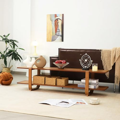 Bamboo TV Stand for TVs up to 65", Media TV Console Table with Storage, Accent Entertainment Center with Shelf, Modern TV Stand for Living Room, Bedroom, 55"(L), Walnut - color: Walnut