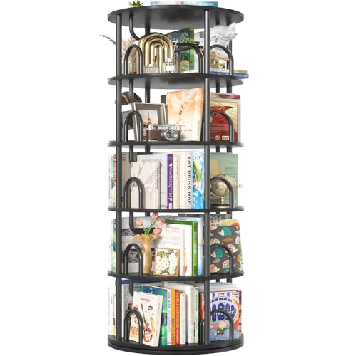 Aheaplus 5 Tier Rotating Bookshelf Tower, Revolving Bookcase, Black | 360° Round Spinning Book Shelf, Narrow Swivel Bookshelves Vertical Turning Corner Bookshelf Organizer for Small Space - color: Black, size: 5 Tier, 63" H