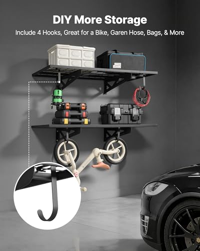 VEVOR 2-Pack Heavy Duty Garage Wall Shelving, 2 x 4 ft Steel Wall Mounted Shelving Unit with Hooks, 24 x 48 Inch Per Shelf Floating Storage Metal Rack for Garage, 500 lbs Total Weight Capacity - size: 2×4 ft