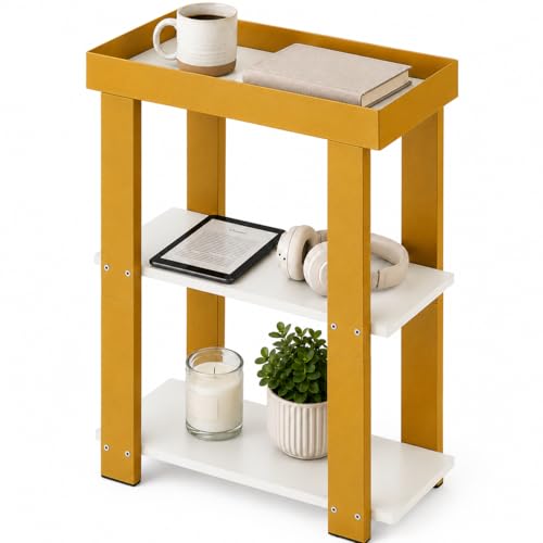 3-Tier Narrow Side Table with Tray Top, Slim Side Table, White&Gold | Modern Skinny End Table with Storage, Thin Nightstand Bedside Table for Small Spaces, Living Room, Bedroom or Bathroom - color: White + Gold