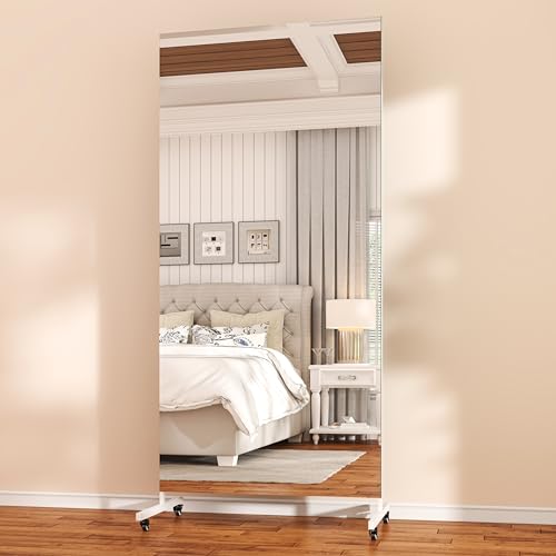 Hasipu 71" x 24" Home Gym Mirror 360° Swivel on Wheels, White | Tempered glass, sturdy metal frame, smooth rolling casters, removable stand, ideal for gym, bedroom, dance studio & yoga. - size: 71"L x 24"W