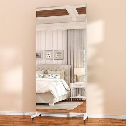 Hasipu 71" x 24" Home Gym Mirror 360° Swivel on Wheels, White | Tempered glass, sturdy metal frame, smooth rolling casters, removable stand, ideal for gym, bedroom, dance studio & yoga. - size: 71"L x 24"W