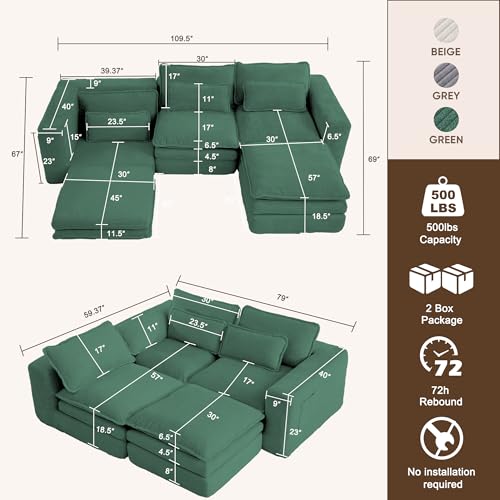 109" L Shape Modular Sectional Sofa with Ottoman, Boneless Couch Three-Layer Deep 3 Seat Convertible Pull Out Sofa Bed Sleeper for Living Room No Assembly 109" L-Green - size: 109"L