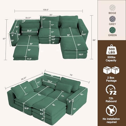109" L Shape Modular Sectional Sofa with Ottoman, Boneless Couch Three-Layer Deep 3 Seat Convertible Pull Out Sofa Bed Sleeper for Living Room No Assembly 109" L-Green - size: 109"L