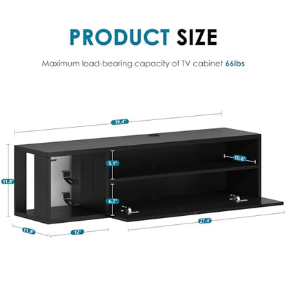 DlandHome 39.3" W Floating TV Stand with LED, Wooden Entertainment Center | Wall-Mounted Media Console, Floating Shelf for Under TV Wall Mount with Storage Shelves for Bedroom Living Room, Black - size: 39.3'' Black