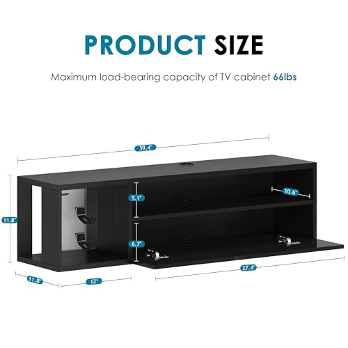 DlandHome 39.3" W Floating TV Stand with LED, Wooden Entertainment Center | Wall-Mounted Media Console, Floating Shelf for Under TV Wall Mount with Storage Shelves for Bedroom Living Room, Black - size: 39.3'' Black
