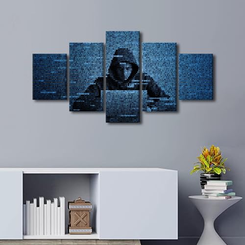 5 Piecess Hacking the Internet Canvas Wall Art Hacker in Data Security Wall Painting Artwork Pictures Hacker Using Laptop Home Decorations for Living Room and Bathroom Framed Ready to Hang (60"Wx32"H) - color: Artwork-07, size: 60"Wx32"H