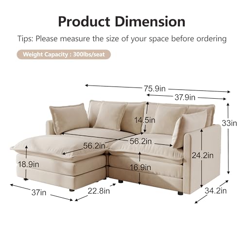 Modular Sectional Sofa, 76.4 Inch L Shaped Couch Set for Living Room, Loveseat Comfy Cloud Couches with Movable Ottoman, DIY Combination, Chenille, Light Coffee - color: Light Coffee, size: 76.4 Inch- L