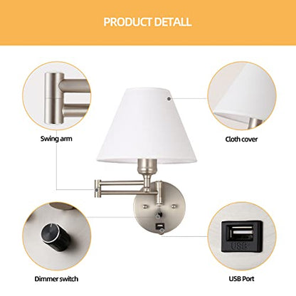 Swing Arm Wall Sconces, Plug-in Wall lamp,Bedroom Wall lamp ， White Fabric Shade，，with dimmable Switch and USB Charging Port, Suitable for Bedside, Living Room, Reading (Nickel) - color: Nickel