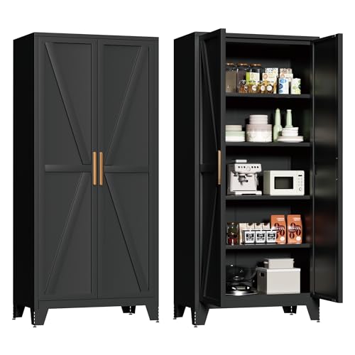 71"H Kitchen Pantry Storage Cabinet,Metal Black Food Pantry with 2 Door and 4 Adjustable Shelves,Laundry Room Freestanding Cabinet,Tall Hutch Cabinet,Large Farmhouse Cupboard for Dining Living Room - color: Black, size: 71"H-2Doors