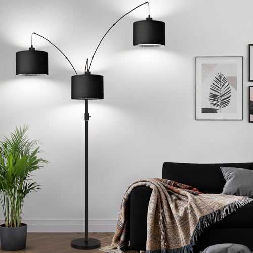 Dimmable Floor Lamp - 3 Lights Arc Floor Lamps for Living Room,Modern Tall Standing Tree Lamp with Black Linen Shade & Heavy Base,Mid Century Floor Lamp for Bedroom Corner Office, 3 LED Bulbs Included - size: F