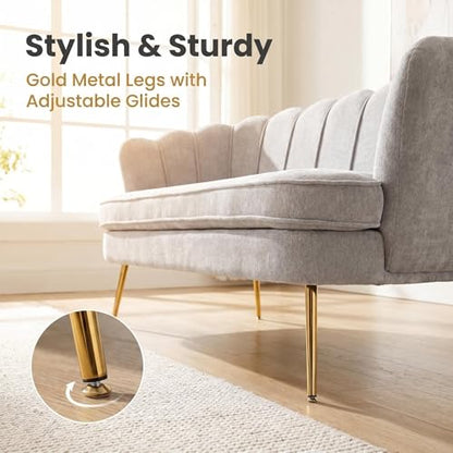 Modern Chenille Loveseat Couch, Futon Small Sofa with Gold Metal Legs | 2-Seater Upholstered Mini Sofa Couches for Small Space,Living Room Bedroom Office Dorm Studio Apartment Love Seat Couche - color: Grey