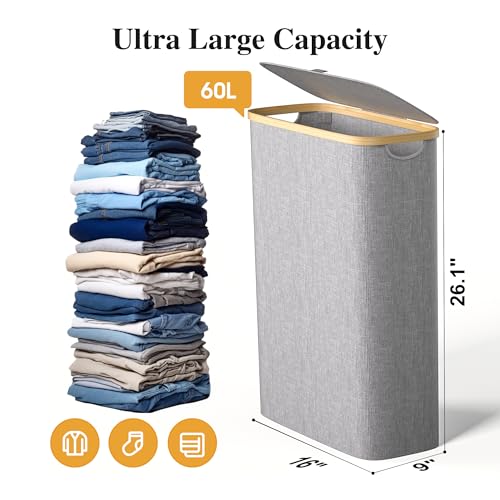 Foluck Slim Laundry Hamper, 60L Waterproof Narrow Laundry Basket with Lid and Removable Bag, Collapsible Tall Clothes Hamper with Bamboo Handles for Clothes Toys in Dorm Bedroom Bathroom, Grey - color: Grey, size: 60L