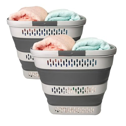 SAMMART 38L(10 Gal) Collapsible Laundry Basket - Foldable Pop-Up Storage Container/Organizer-Portable Space Saving Hamper, Measure 17.5x13.3x15.7"/3.8" Expanded/Collapsed (2, Grey) - color: Grey