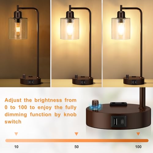 Innqoo Brown Industrial Bedside Table Lamp for Bedroom - Nightstand Lamps with USB C Charging Port, Fully Dimmable Black Ports and Outlets, Small Desk Glass Shade Office Living Room - color: Brown