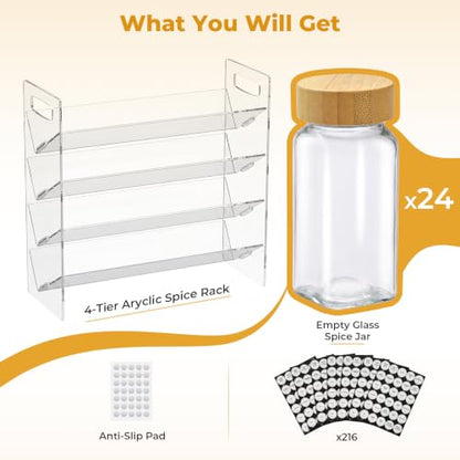 4-Tier Acrylic Spice Rack Organizer with 24 Glass Spice Jars and Wooden Lids, Clear Spice Shelf for Cabinet, Countertop, Pantry, Easy Assembly Seasoning Holder, Compact 11.6" W x 11.4" H