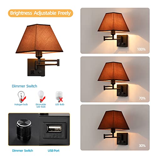 Swing Arm Wall Lamp.Plug in Wall Sconces with USB Port and AC Outlet.Sconces Wall Lighting Coffee Fabric Shade with Dimmable Switch for Hallway Bedroom Living Room.Black Finish. - color: Black