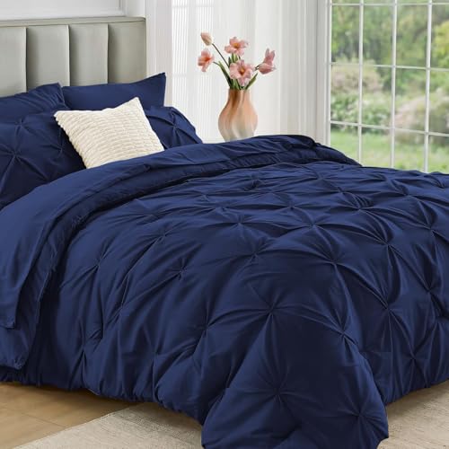 JOLLYVOGUE Twin Comforter Set 5 Pieces - Bed in a Bag Twin for All Season, Pintuck Bedding Comforter Sets with Comforter, Flat Sheet, Fitted Sheet and Pillowcases & Shams, Navy - color: Navy, size: Twin