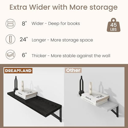 Dreamland Wall Mounted Floating Shelves Set of 2, 24x8, Black | Engineered Wood, Visible Bracket, Large Storage, Hold Up to 45lbs, Living Room, Bathroom, Bedroom, Kitchen - color: Black, size: 24"W x 8"D