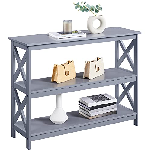 Yaheetech 42"L Console Table 3-Tier Narrow X-Frame Open Storage Shelf, Gray | Sofa Table for Entryway, Hallway and Living Room, Slim 14" Depth, Powder-Coated MDF, 88 lb Top Load, Easy Assembly - color: Grey
