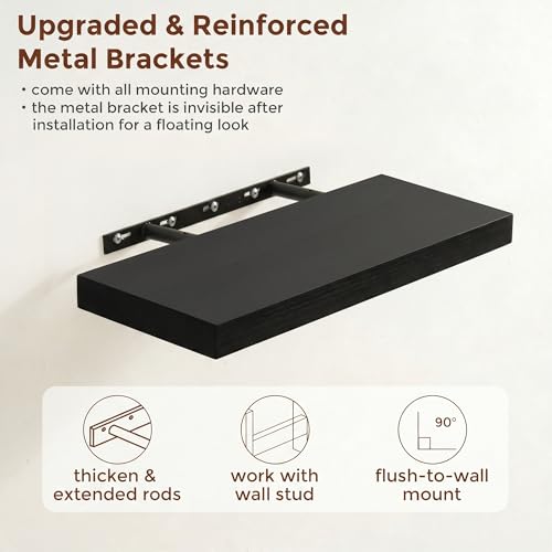 fuqing 20 Inch Floating Shelves, 6.7 Inch Deep Black Wall Shelves Set of 2 | 20'' x 6.7'' x 1.4'' Black Wood Shelves for Bathroom, Living Room, 35LBS, Lightweight, Hardware Included, Waterproof Finish - color: Black, size: 20 Inch