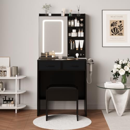 Black Makeup Vanity Desk with Mirror and Lights, Vanity Table Set with Charging Station, Dressing Table with Stool, 2 Drawers, Open Shelves, Power Outlets & USB Ports, Vanity Desk with RGB Cabinets - color: Black