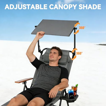 Beach Lounge Chair with Sun Shade, Folding Outdoor Chaise Lounge Chair with Arms, 4-Position Backrest, Extended Sun Tanning Chair Pillow & Cup Holder, Patio Lounger for Outside for Beach Pool(Gray-U) - color: Gray-u