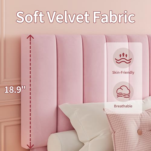 Garvee Full Size Platform Bed Frame with Upholstered Headboard, Pink | Fully Velvet Upholstered Mattress Foundation with Height Adjustable Headboard, No Box Spring Needed, Easy Assembly - color: Pink, size: Full