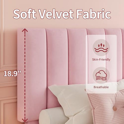 Garvee Full Size Platform Bed Frame with Upholstered Headboard, Pink | Fully Velvet Upholstered Mattress Foundation with Height Adjustable Headboard, No Box Spring Needed, Easy Assembly - color: Pink, size: Full
