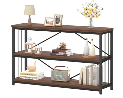 Industrial Bookshelf, Wood and Metal Horizontal Shelves Walnut 47 Inch | 3-tier Rustic Low Wide Bookcase with Large Open Storage, Farmhouse Simple Display Shelf for Home Office Living Room Kitchen - color: Walnut, size: 47 Inch