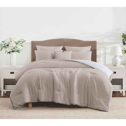 TRP 6-Piece Elegant Reversible Pretty Taupe Comforter Set Queen Size | Modern Casual Style Stitched Solid Color Pattern Aesthetic Bedding | Machine Washable Fabric Cohesive and Stylish Look