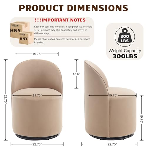 HNY Upholstered Kitchen & Dining Room Barrel Chair, Mid Century Modern Round Velvet Dining Chair, 360 Degree Swivel Comfy Armless Accent Makeup Vanity Side Chair for Bedroom Living Room, Khaki - color: Khaki