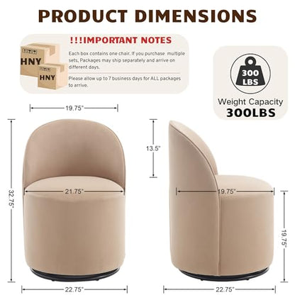 HNY Upholstered Kitchen & Dining Room Barrel Chair, Mid Century Modern Round Velvet Dining Chair, 360 Degree Swivel Comfy Armless Accent Makeup Vanity Side Chair for Bedroom Living Room, Khaki - color: Khaki