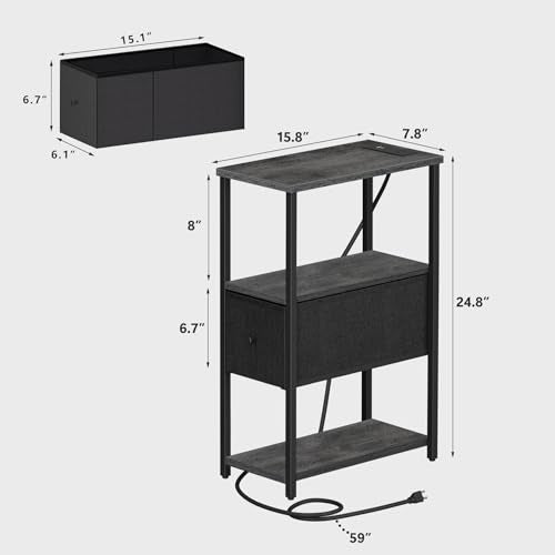 TUTOTAK Small Narrow End Table with Charging Station, Set of 2 | Side Table with Outlets, Nightstand with Cloth Drawer, Couch Table for Living Room, Bedroom, Bedside, Charcoal Grey TB01BY058 - color: Charcoal Grey, style: 1 Drawer & Plug