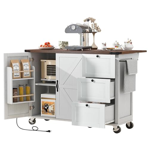 Kitchen Island, Rolling Kitchen Cart with Power Outlet | Built-in power outlet, 2 AC outlets and 2 USB ports, easy charging for coffee maker, juicer, toaster, or devices - color: White + Particle Board+mdf