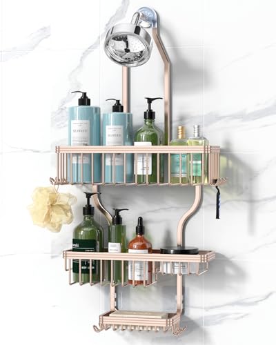 Never Rust Shower Caddy Hanging, Aluminum Shower Racks for Inside Shower, 3-Tier Shower Organizer Hanging Over Shower Head with Hooks and Soap Holder, Rose Gold - color: Rose Gold