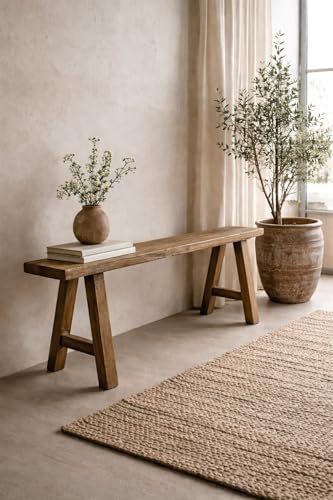 Artissance Rustic Natural Wood Noodle Bench, Long Wooden Entryway Bench, Weathered Farmhouse Indoor Outdoor Seating, End of Bed or Dining Room Bench Decor - size: 19H x 8W x 45L